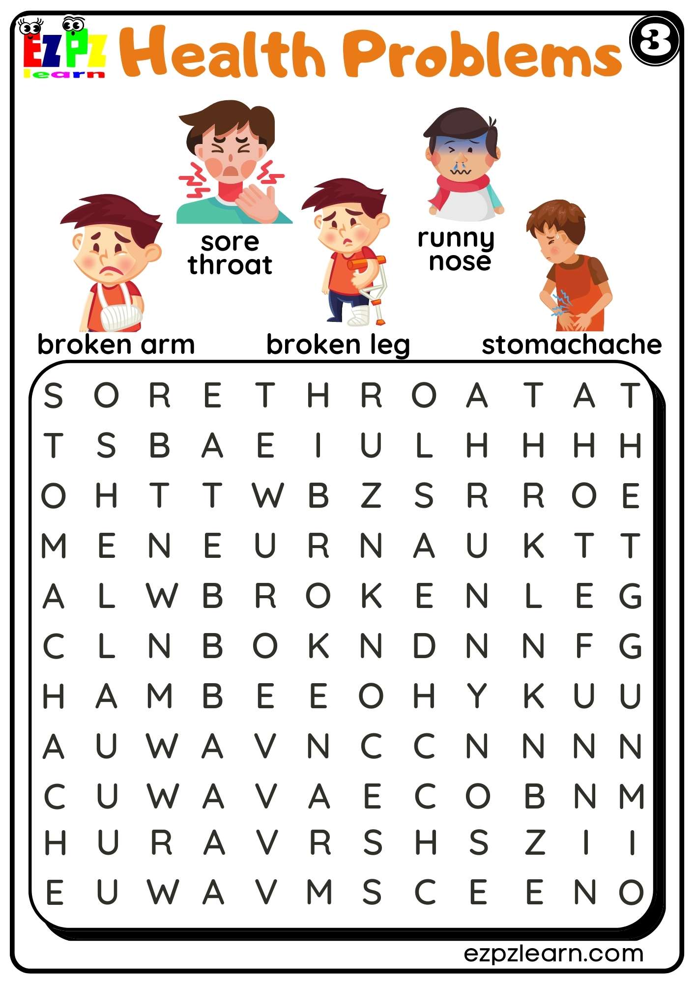 Health Problems Word Search Worksheet for Kindergarten K5 and ESL Students Free PDF Download Set 3